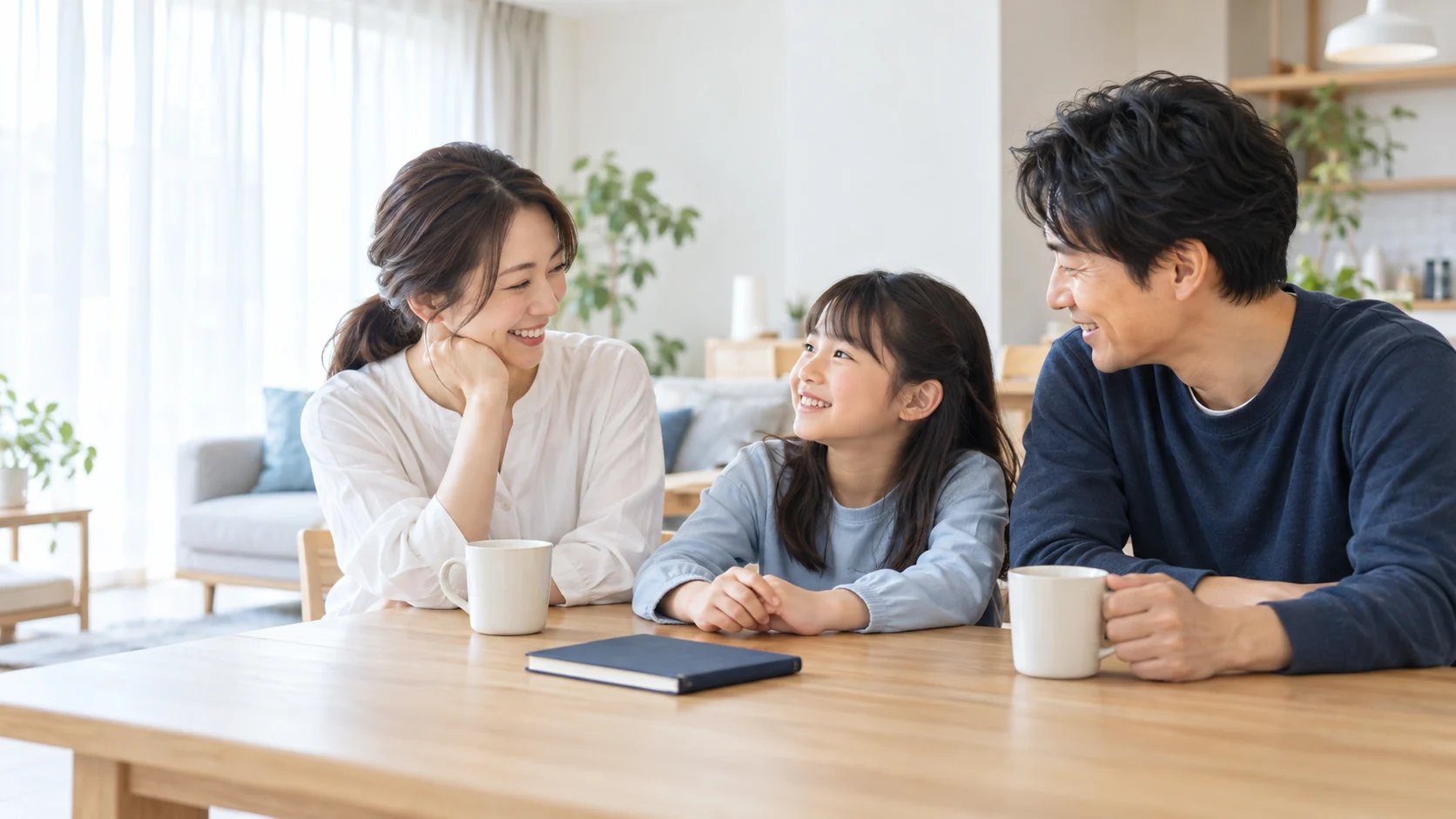家族がテーブルを囲んで会話するAI生成のイメージ