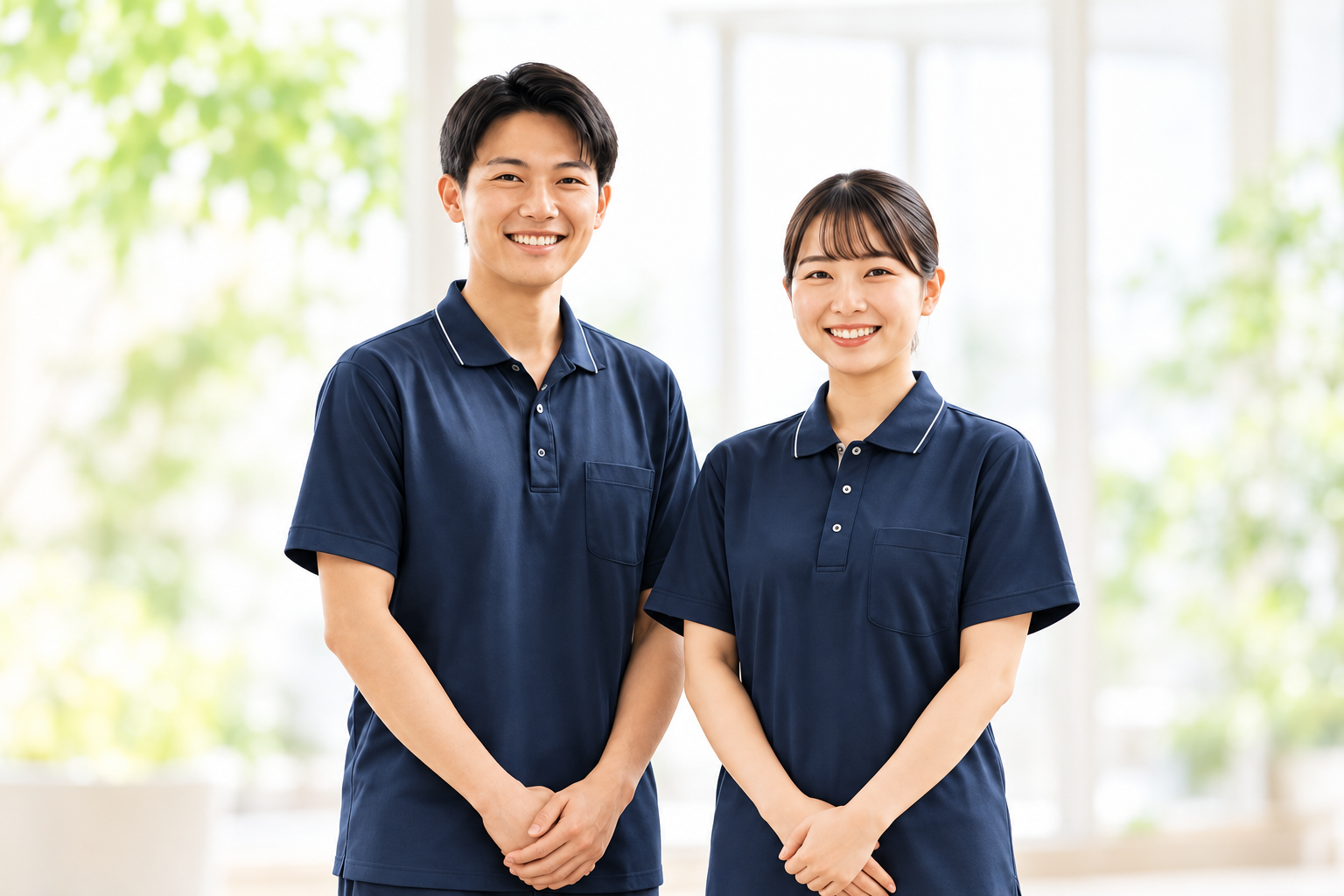 笑顔で並ぶ大人2人のAI生成の採用イメージ。実際の職員写真ではありません