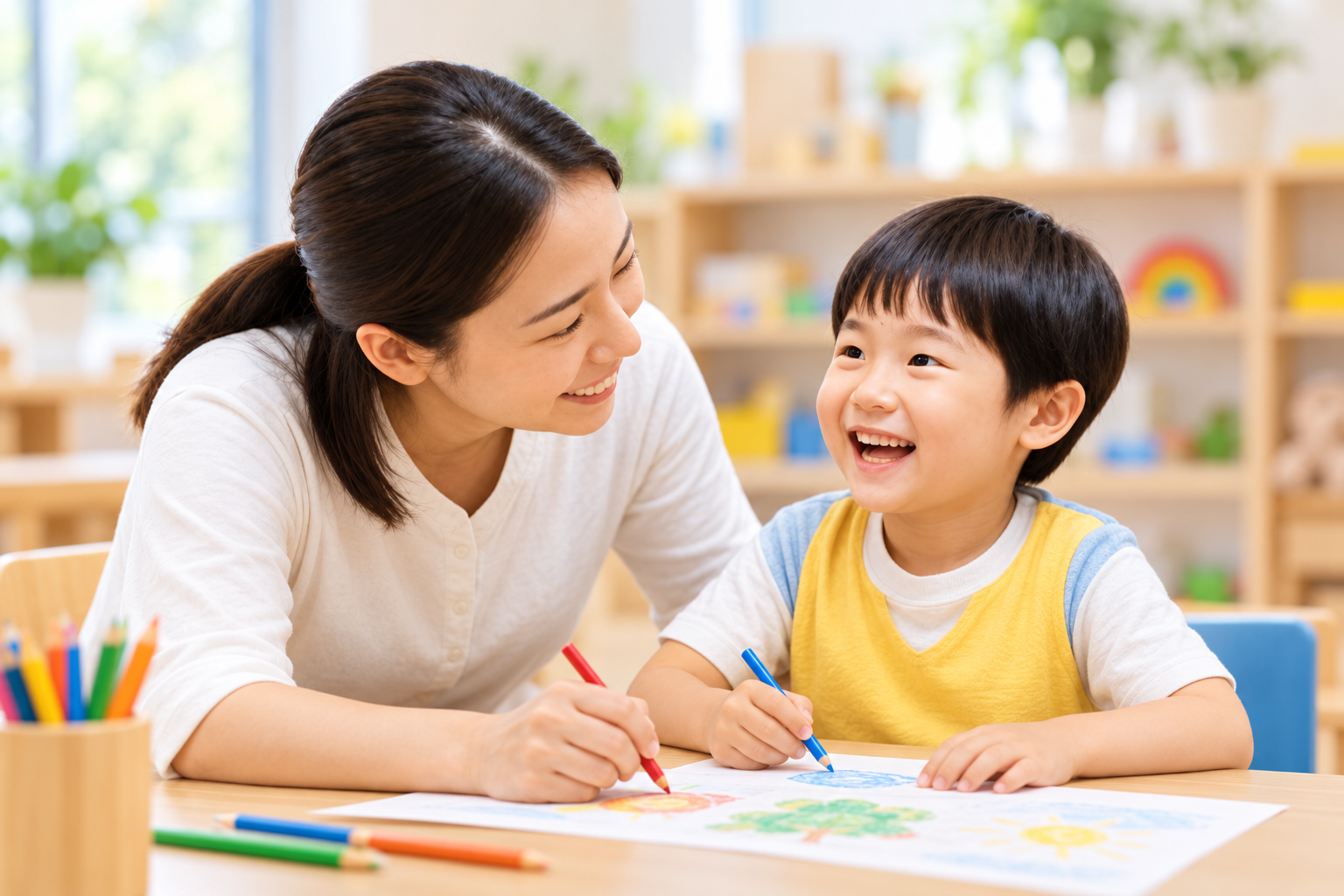 大人と子どもが一緒に絵を描くAI生成のイメージ。実際のボランティア活動写真ではありません