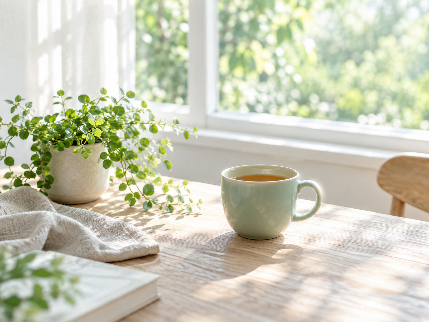 やわらかな日差しが入る窓辺に、お茶と緑の植物がある穏やかな風景