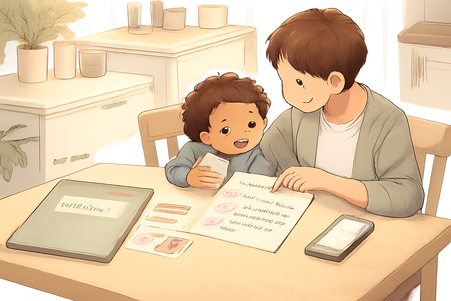 机の上で親子がA4用紙を見ながら話しているイラスト（子どもと大人がワンページ情報シートを作成している場面）