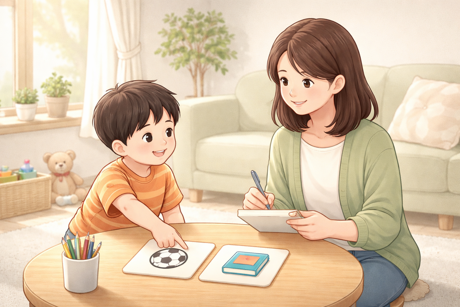 リビングでカードを指さす男児とメモを取る保護者（母親）の対話場面