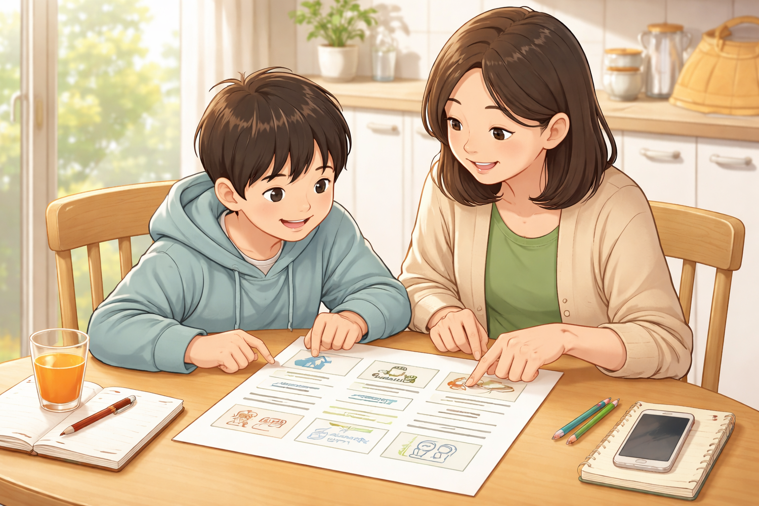 親子がダイニングテーブルで資料を見ながら話す様子、母親と小学生くらいの子どもが紙のシートを指さして相談している。飲み物、筆記用具、スマートフォンがテーブル上にある。