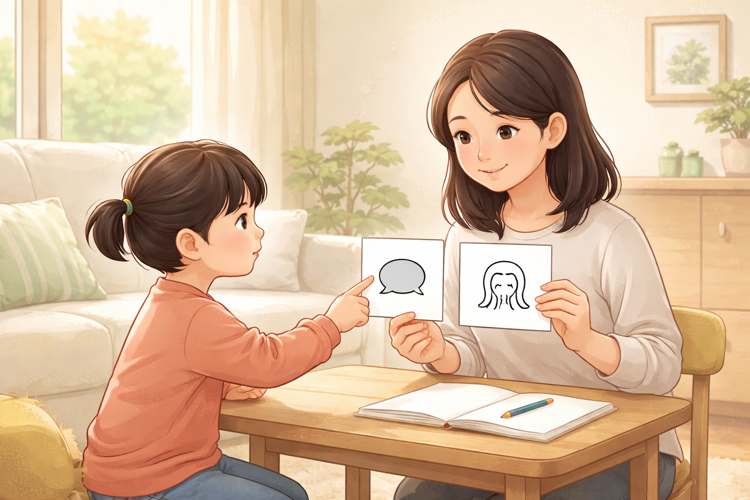 リビングでテーブル越しに座る母親と子ども。母親が選択肢のカードを見せ、子どもが一つを指さしている家庭内の振り返りの場面。