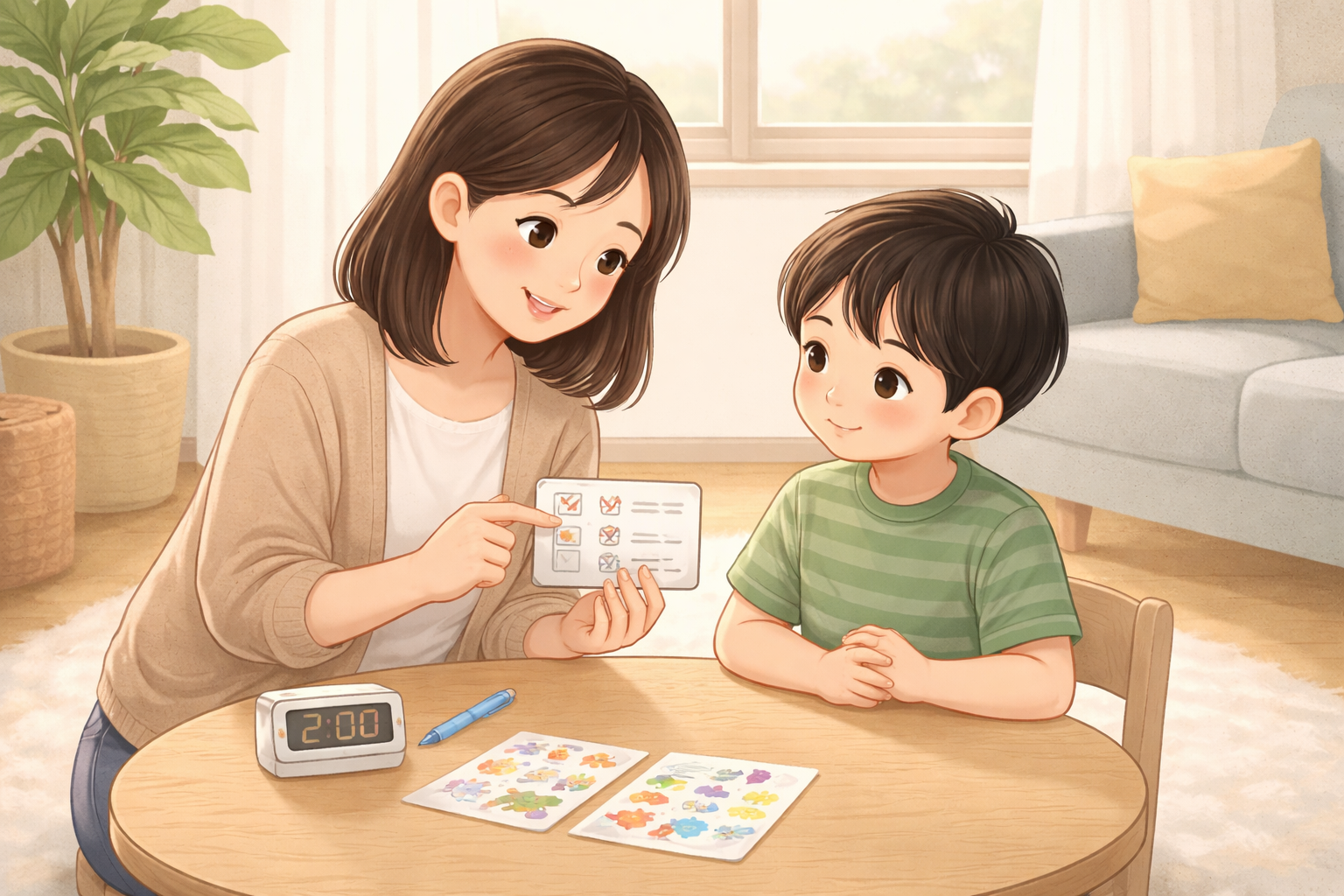 室内の円卓で、母親がチェックカードを指さして説明し、子どもが座って聞いている。机の上にタイマー風の時計とシール台紙、ペンが置かれている。窓際の観葉植物やソファが背景にある。