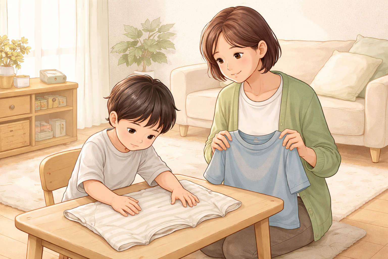 居間の机で服に触れて確認する男の子と、別の服を差し出す母親の様子