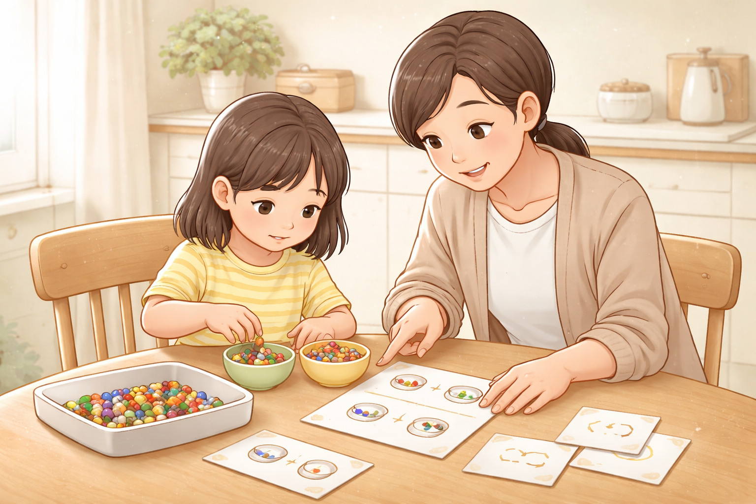 テーブルでビー玉やカードを使って親子が一緒に数を分ける学習活動をしている場面