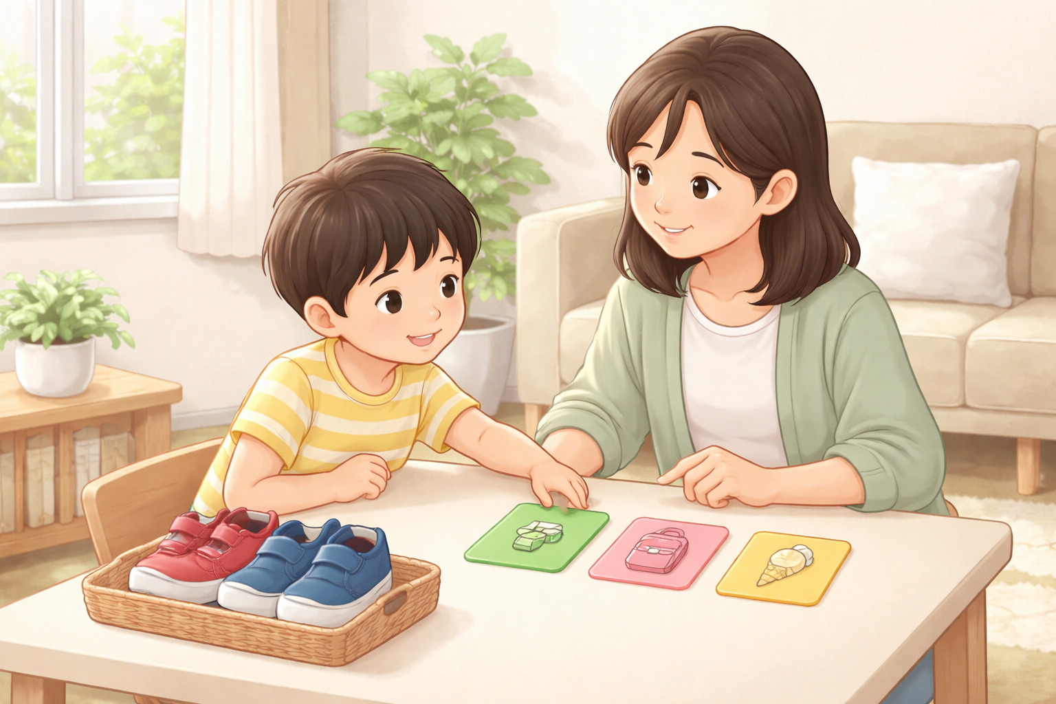 机で色カードと靴を使って選択をする子どもと保護者のイラスト