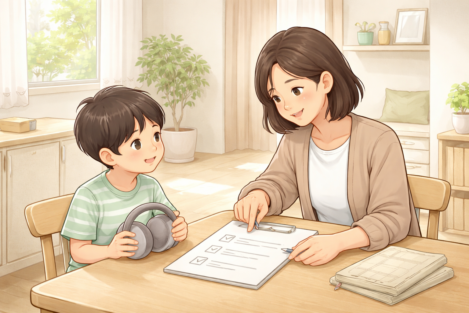机で書類を見ながら話す母親とヘッドホンを持つ子ども