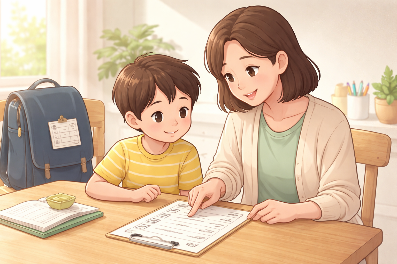 母親と小さな男の子がテーブルでクリップボードの共有シートを見ながら話している室内のイラスト