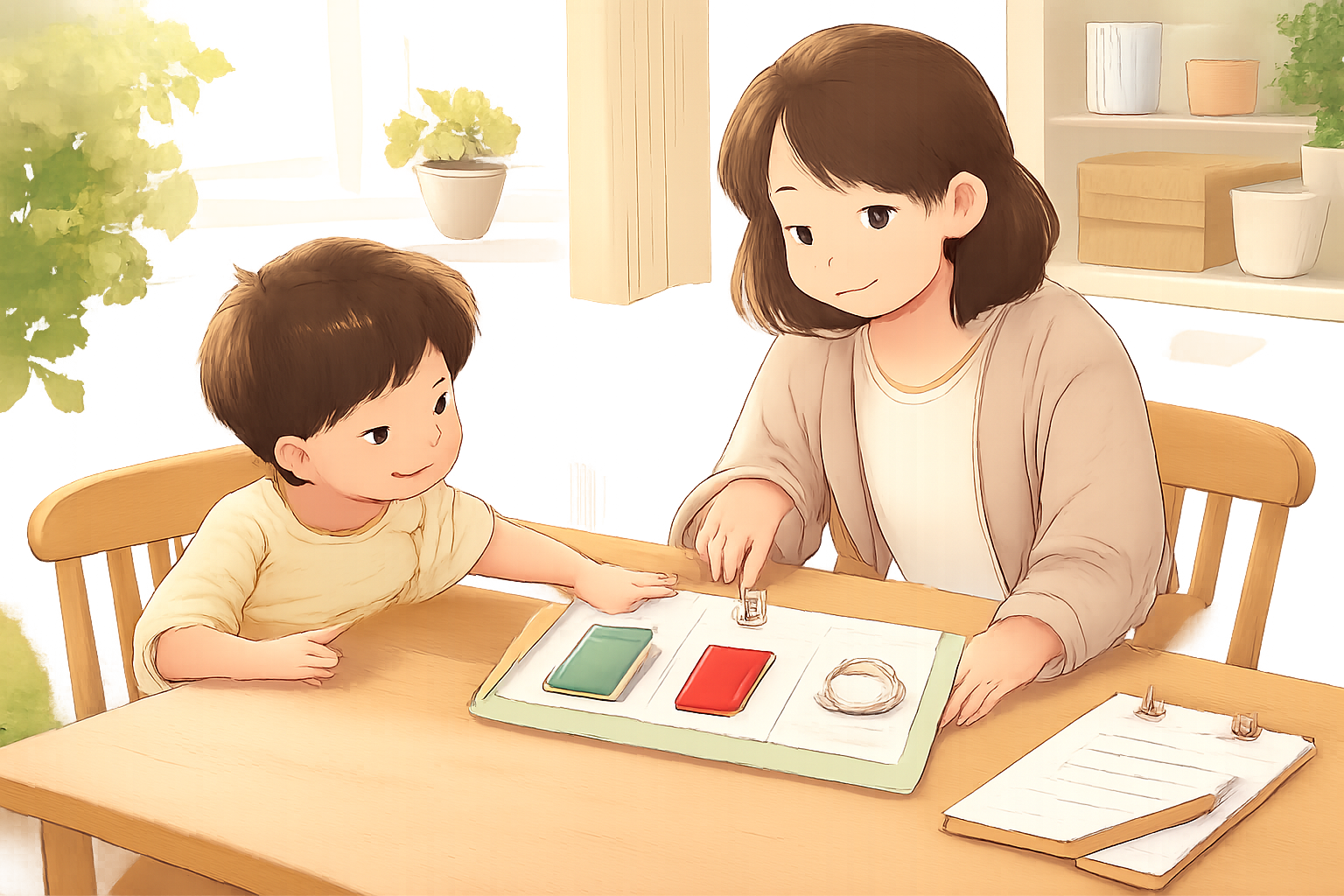 テーブル上の選択ボードを示す大人と、それを見つめる子ども。緑と赤のカードなどが並んでいる