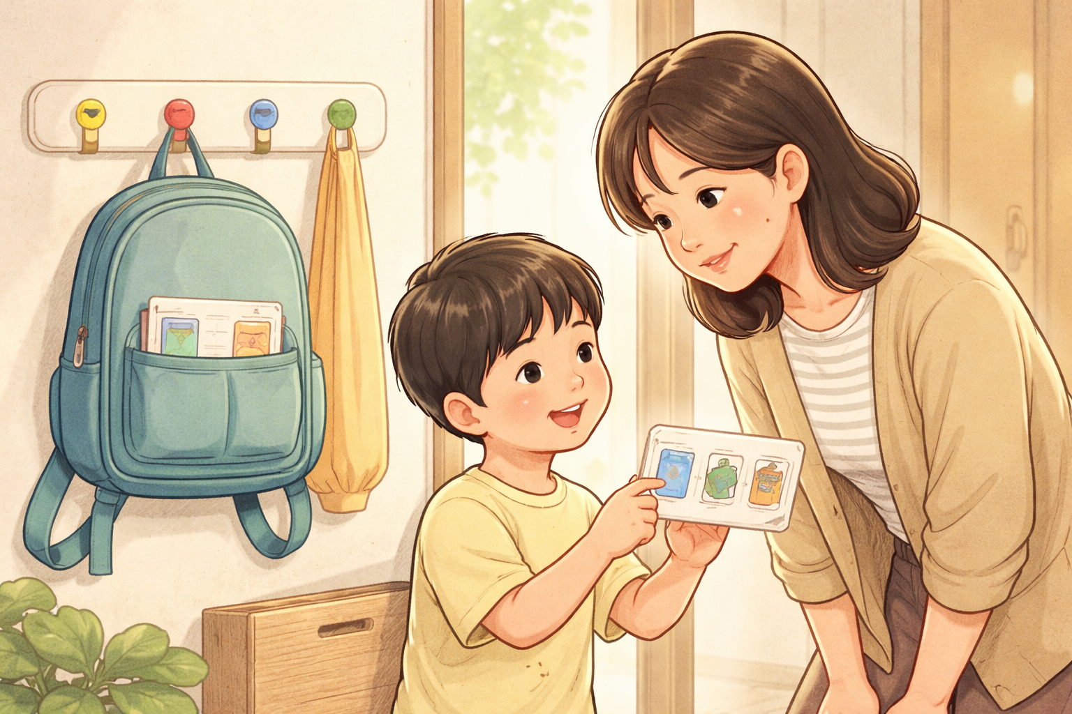 玄関でフックにかけたランドセルと親子が持ち物カードを確認している様子