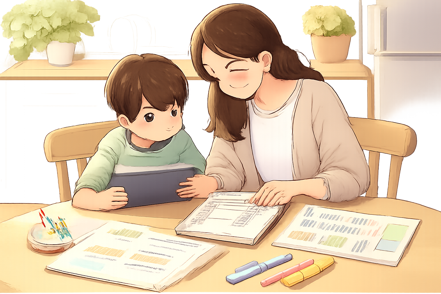 テーブルで母親と子どもが学習資料やタブレットを使って一緒に勉強している様子