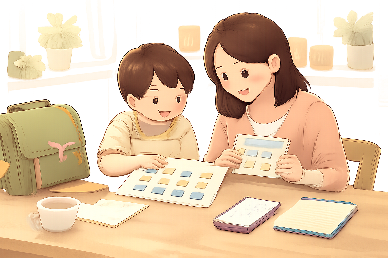 親と子が色つきのカードを並べて確認している室内のイラスト（テーブル、筆記具、ランドセルあり）