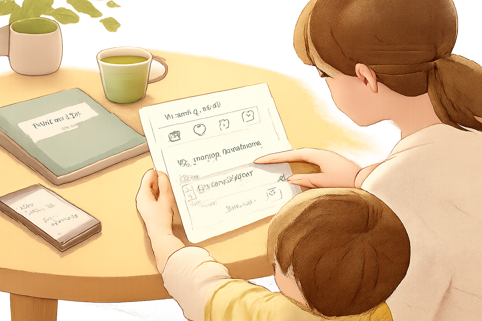 大人と子どもが丸テーブルで書類（又はタブレット風の用紙）を一緒に見ている様子。テーブル上にカップとスマートフォン風の端末とノートがある。