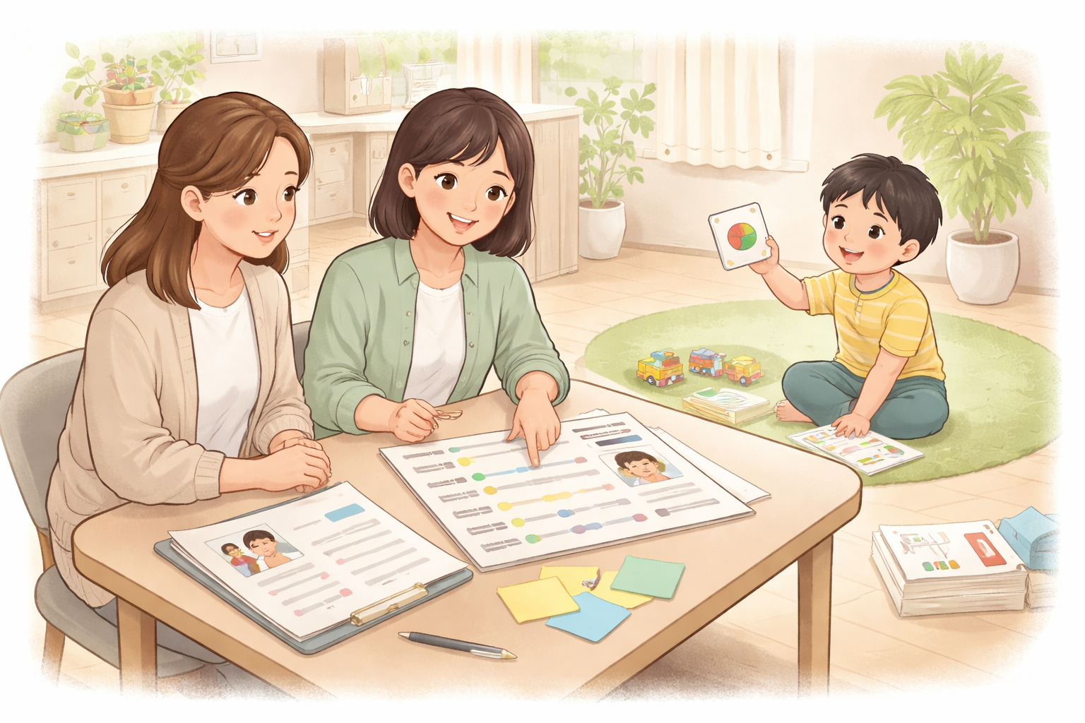 室内のテーブルで書類を見ながら話す大人二人と、床でカードを見せている幼い男の子。机にペンや付箋、書類が置かれている家庭的な面談の場面。