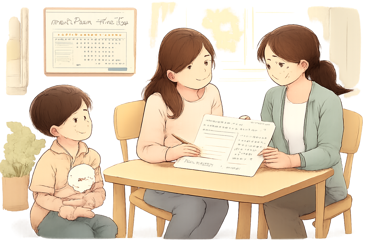 机を挟んで書類を見せ合う大人二人と、ぬいぐるみを抱え席に座る子ども