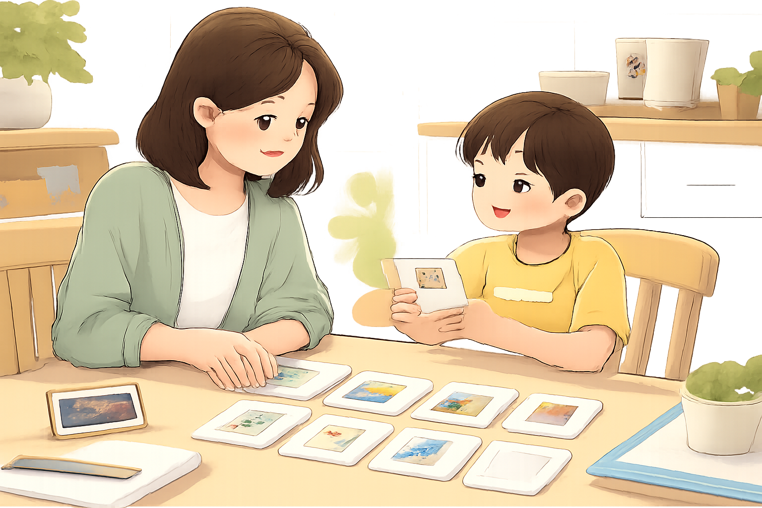 テーブルでカードを並べ、笑顔の母親と子どもがやり取りする家庭の学習場面