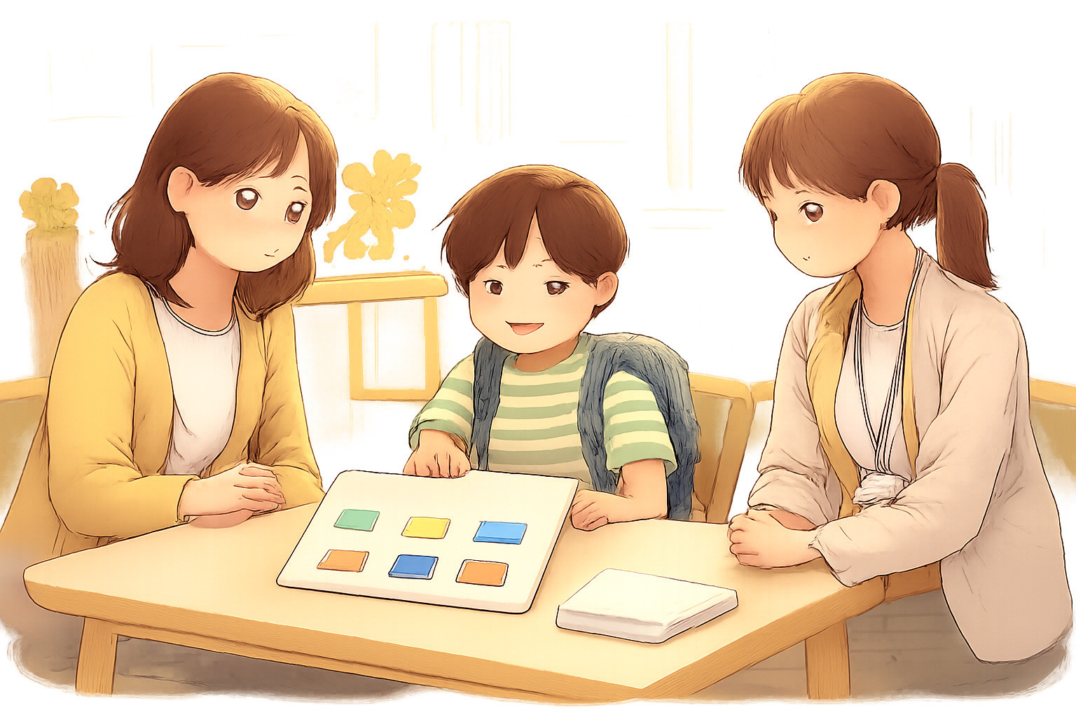 テーブルを囲む大人2人と子ども1人が、色のついたカードが並んだボードを前にして話している場面
