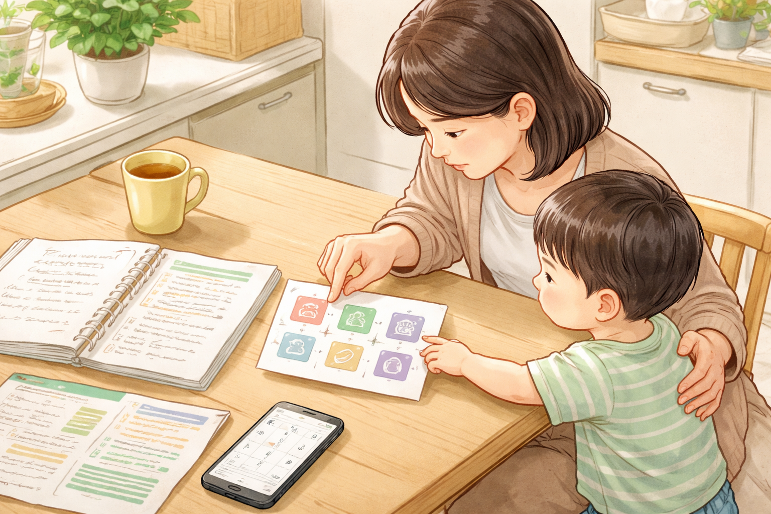 母親が幼い子どもとテーブルで書類や図を見ながら話し合っているイラスト