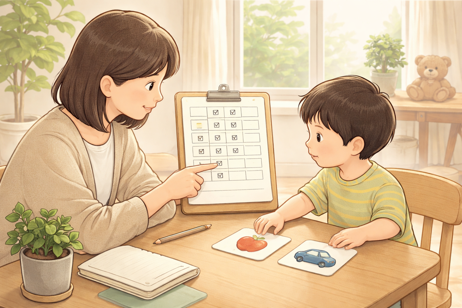 母親がチェック表を指し示し、机で絵カードを前にした幼い男児と向き合う家庭の観察場面