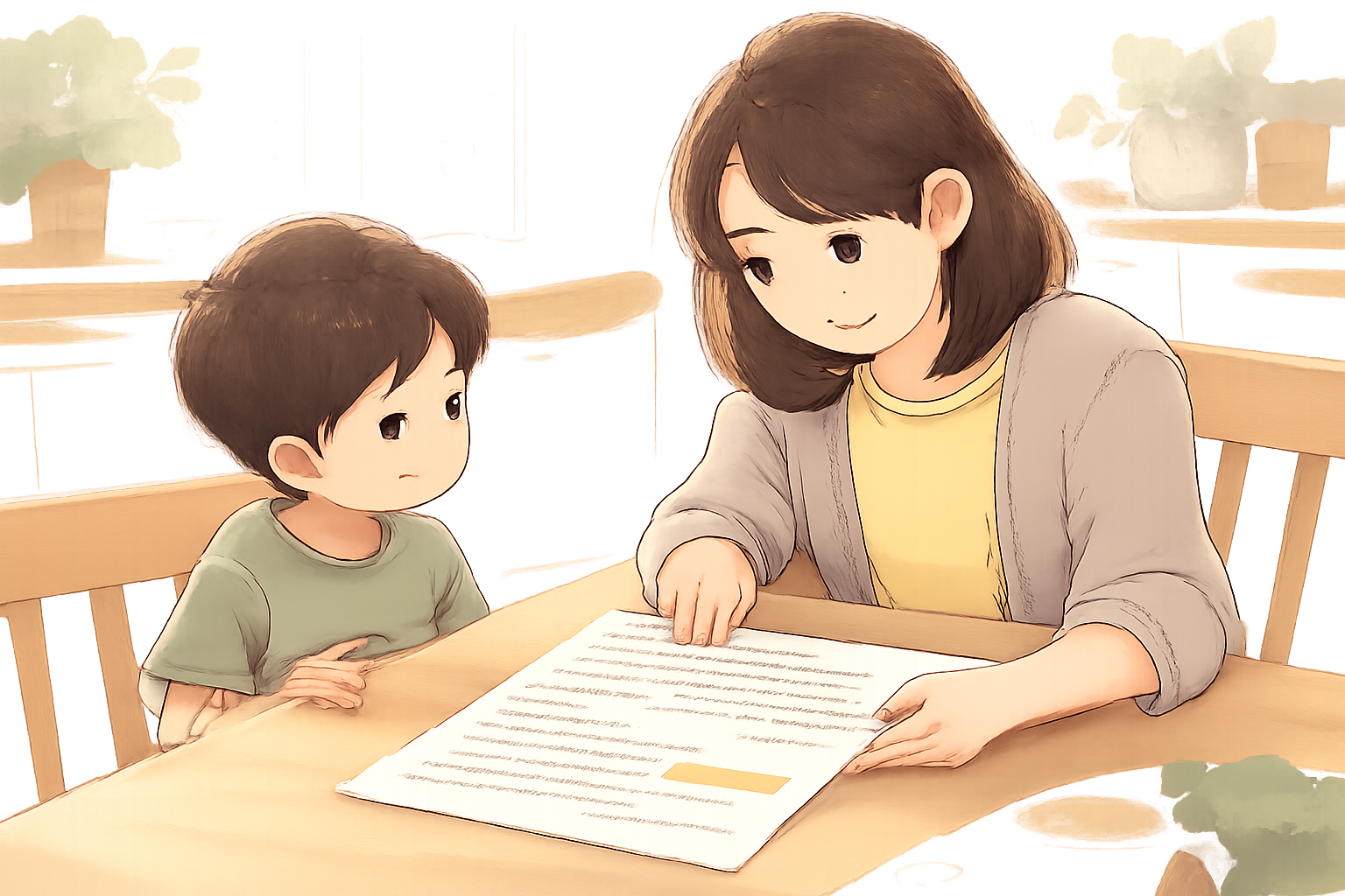親がテーブルで子どもに書類（ワンページ）を見せながら説明している場面