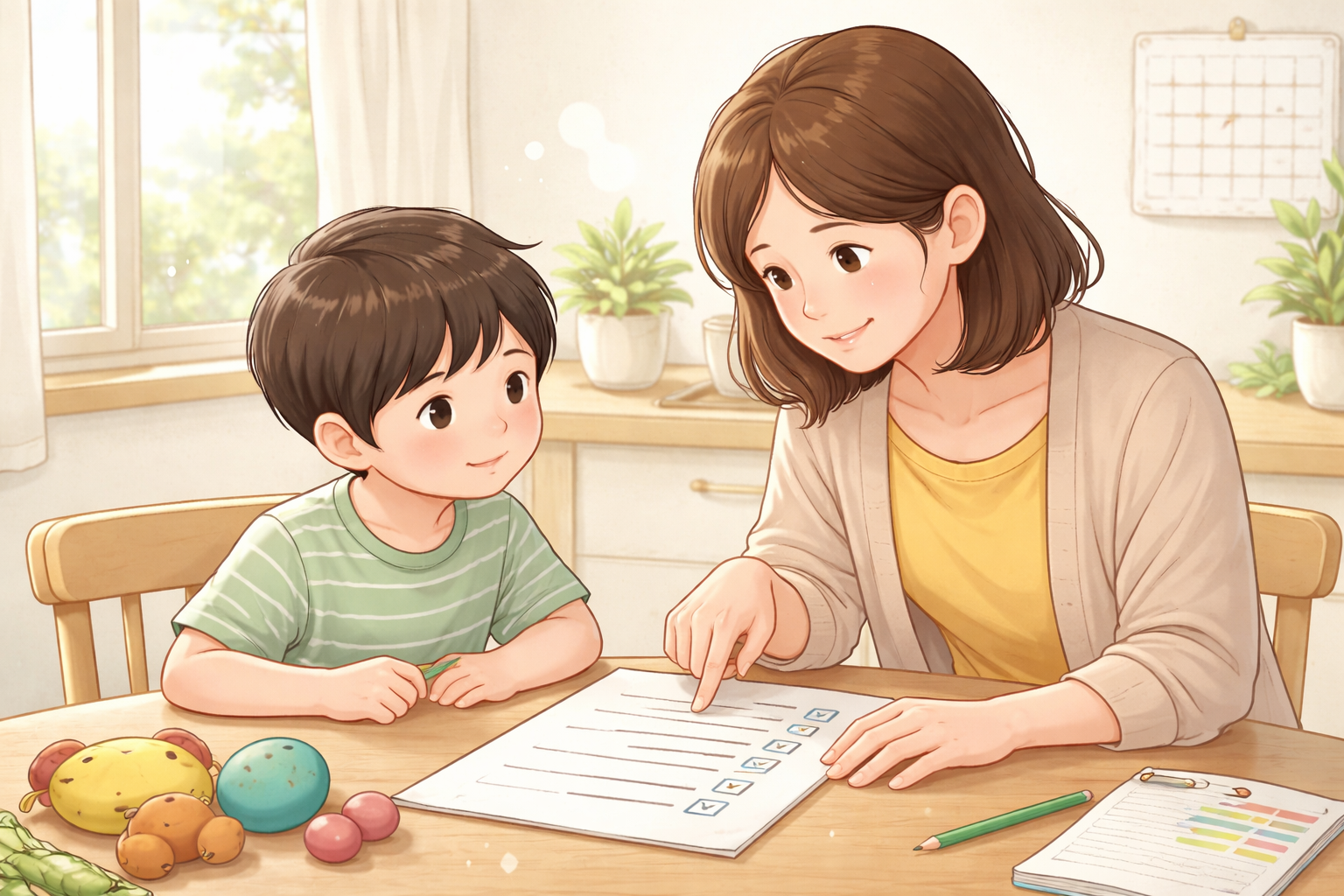 テーブルで母親がチェックリストを指さし、子どもと一緒に話している家庭内の場面