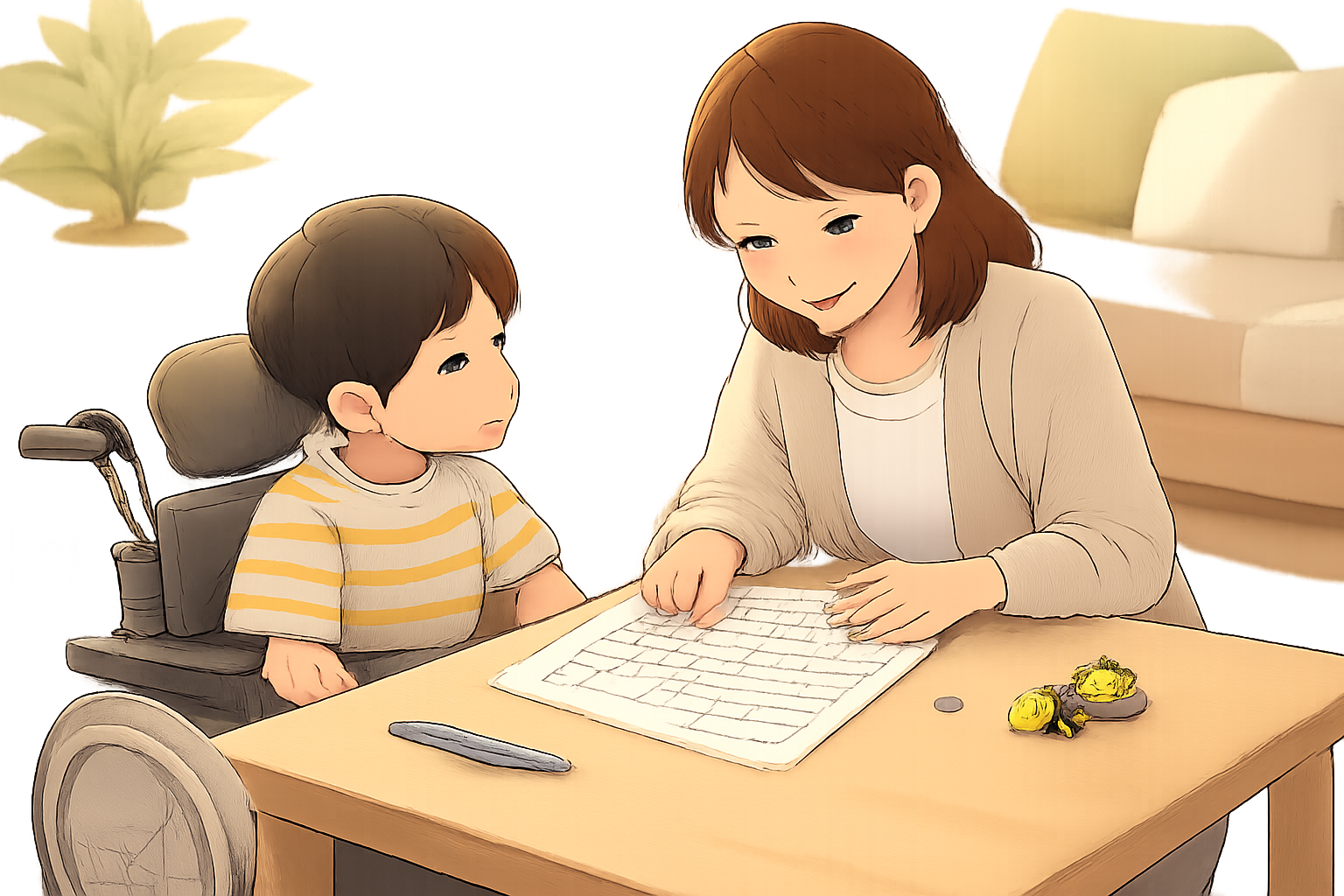 車いすの子どもと机で記録用紙を見ながら話す大人のイラスト
