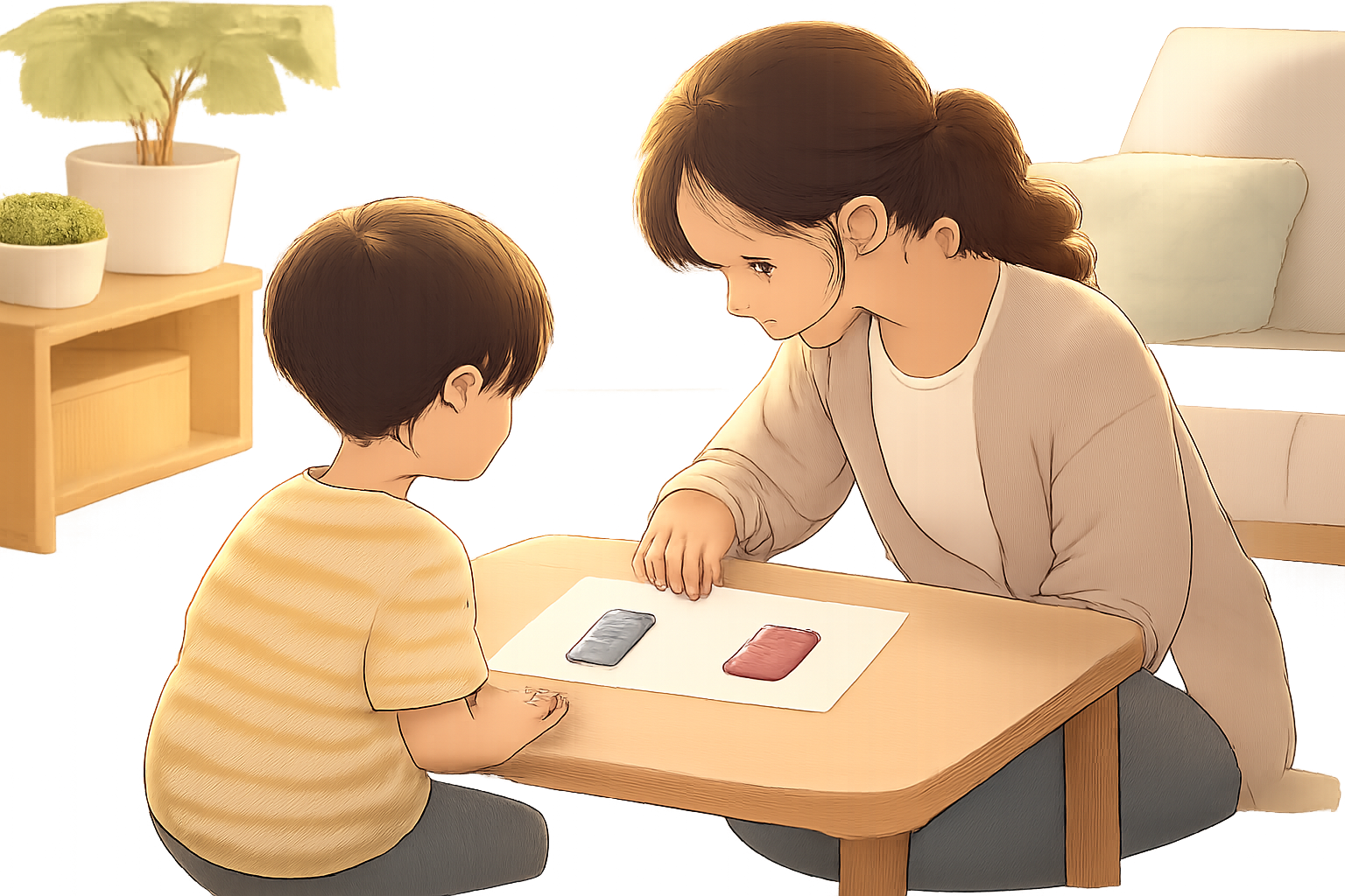室内のテーブルで向かい合う大人と子ども。紙の上に並べられた2つの物（青と赤）を示して選ばせようとしている場面。
