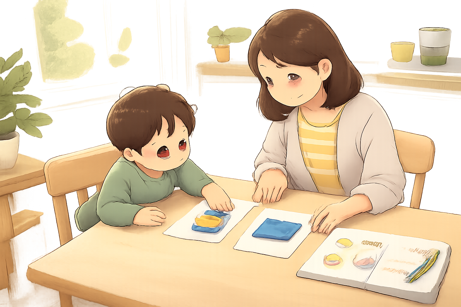 テーブルで保護者と子どもが並び、写真や物を並べて選ばせる様子のイラスト