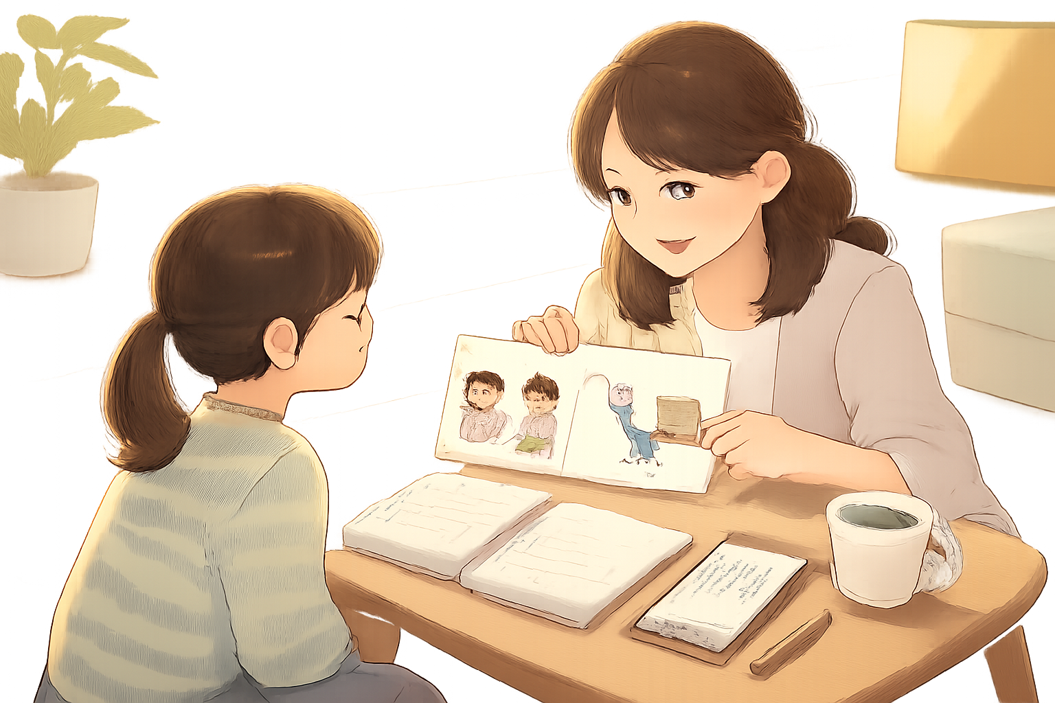 大人が子どもに絵本を見せながら話している家庭内のやさしい相談場面、机にノートやスマートフォン、マグカップが置かれている