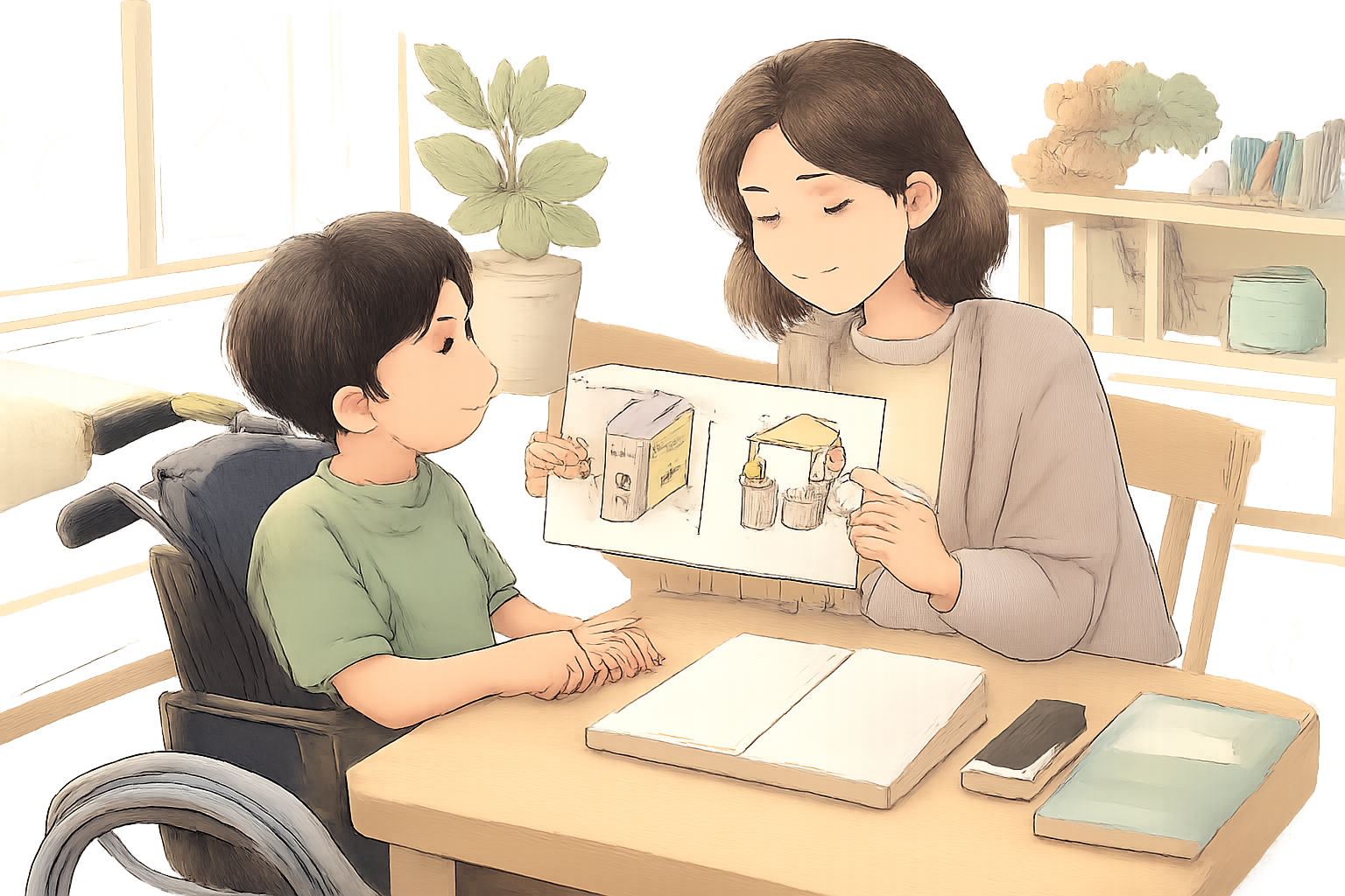 机で女性支援者と車椅子の子どもが絵カードを見ながら話す場面