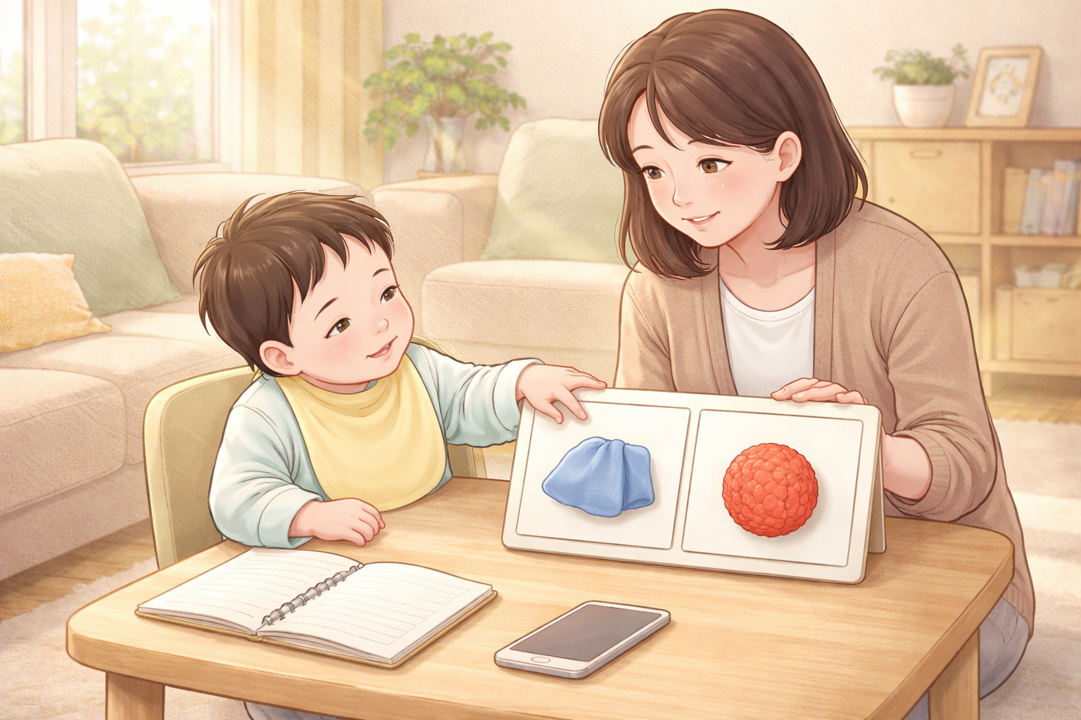 居間のテーブルで、大人が絵カードのようなものを見せているのを笑顔で見つめる幼児と見守る母親のイラスト