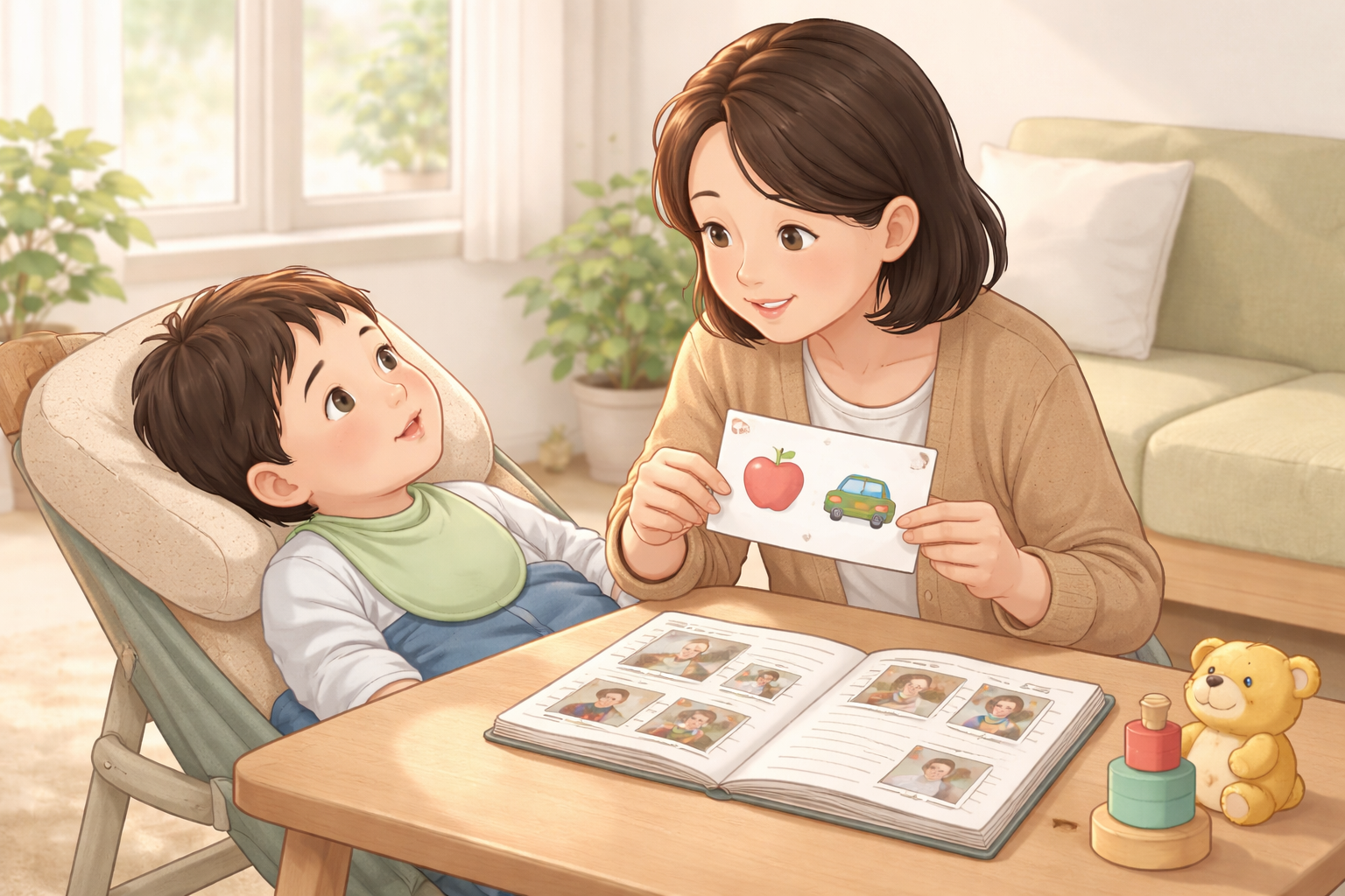 室内で椅子に座る子どもと向かい合う女性が、りんごと車の絵が描かれたカードを見せながら微笑んでいる。机の上には写真が貼られたアルバム、積み木風のおもちゃ、ぬいぐるみがある。