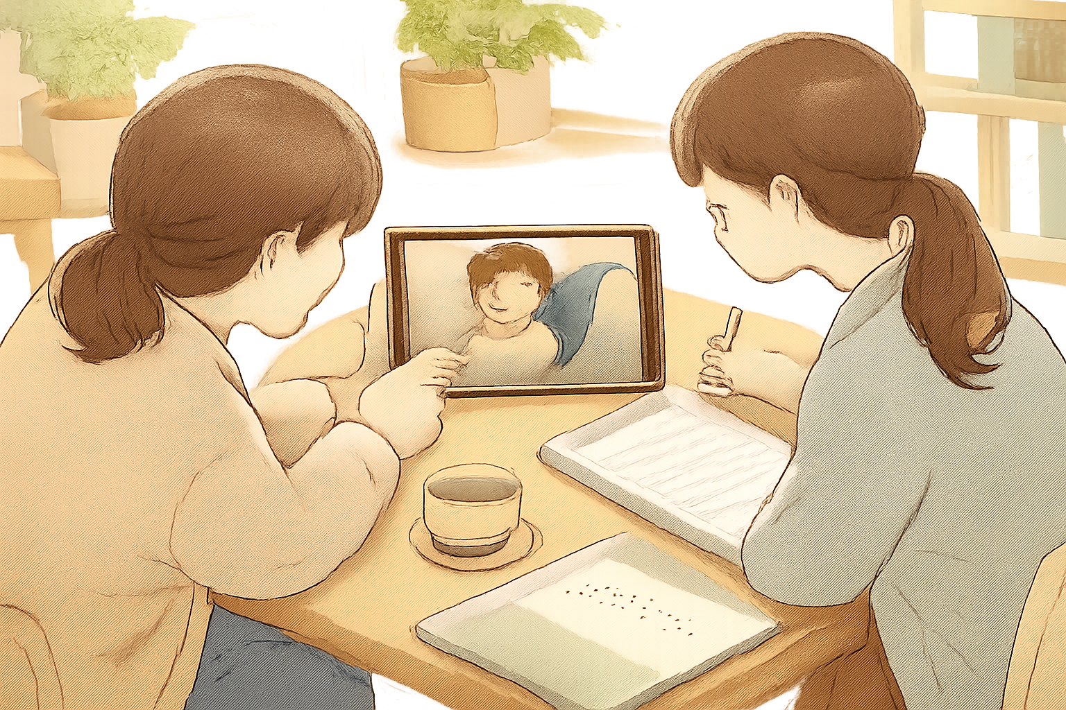 テーブルでノートとコーヒーを置き、タブレットに映る子どもを見ながら話し合う大人二人のイラスト
