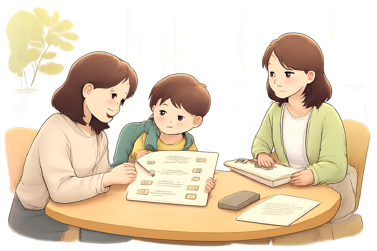 丸テーブルで資料を見ながら話す大人2人と子ども1人のイラスト