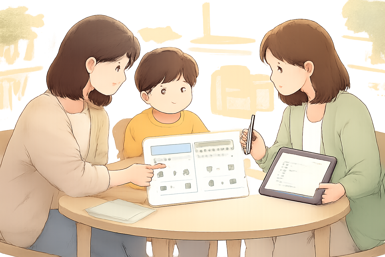 丸テーブルでタブレットやボードを見ながら話す保護者と子どもと学校関係者のイラスト風の場面