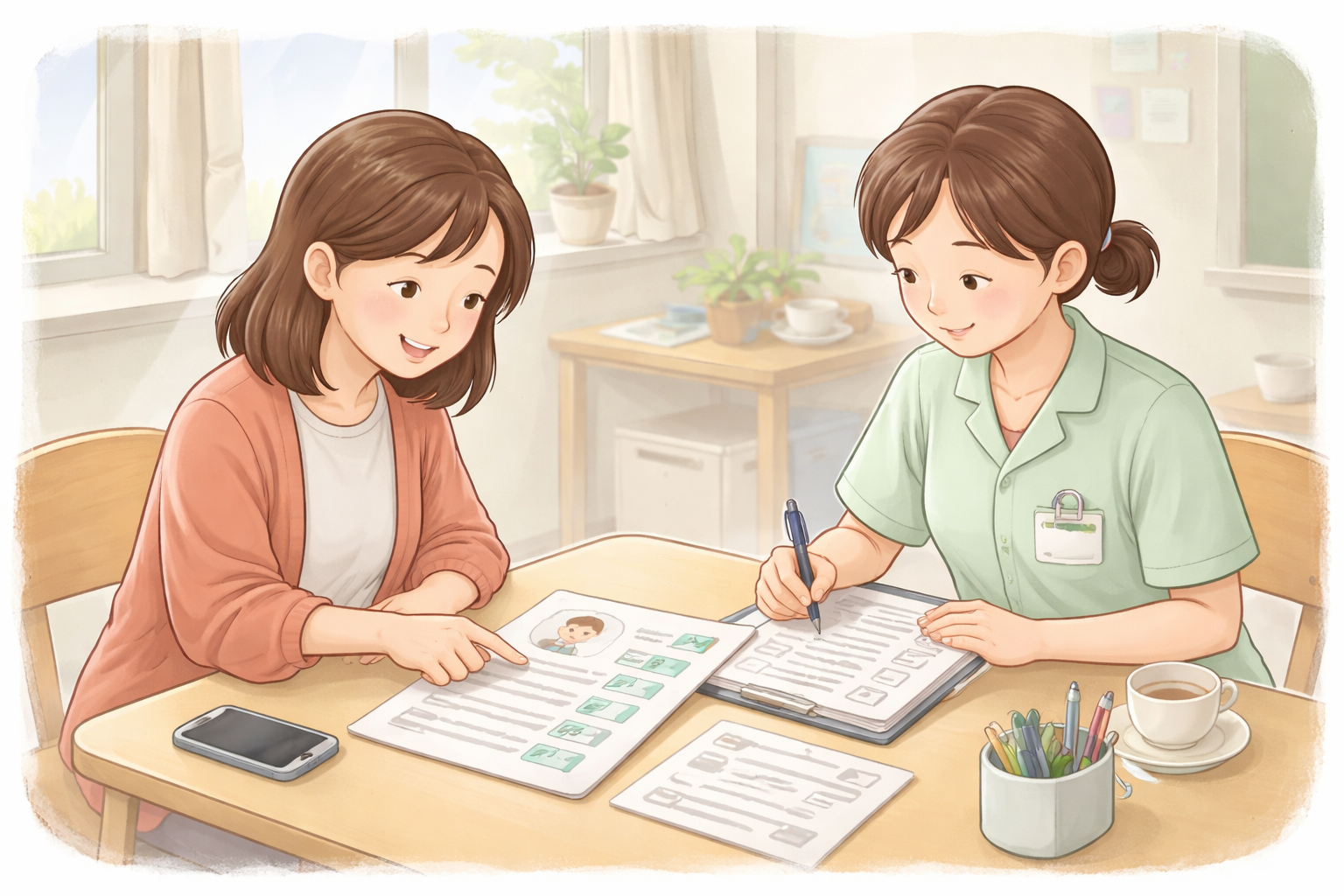 テーブルを挟んで書類を見ながら話す保護者と医療・学校関係者風の女性二人(書類、ペン、スマートフォン、コーヒーが置かれている)