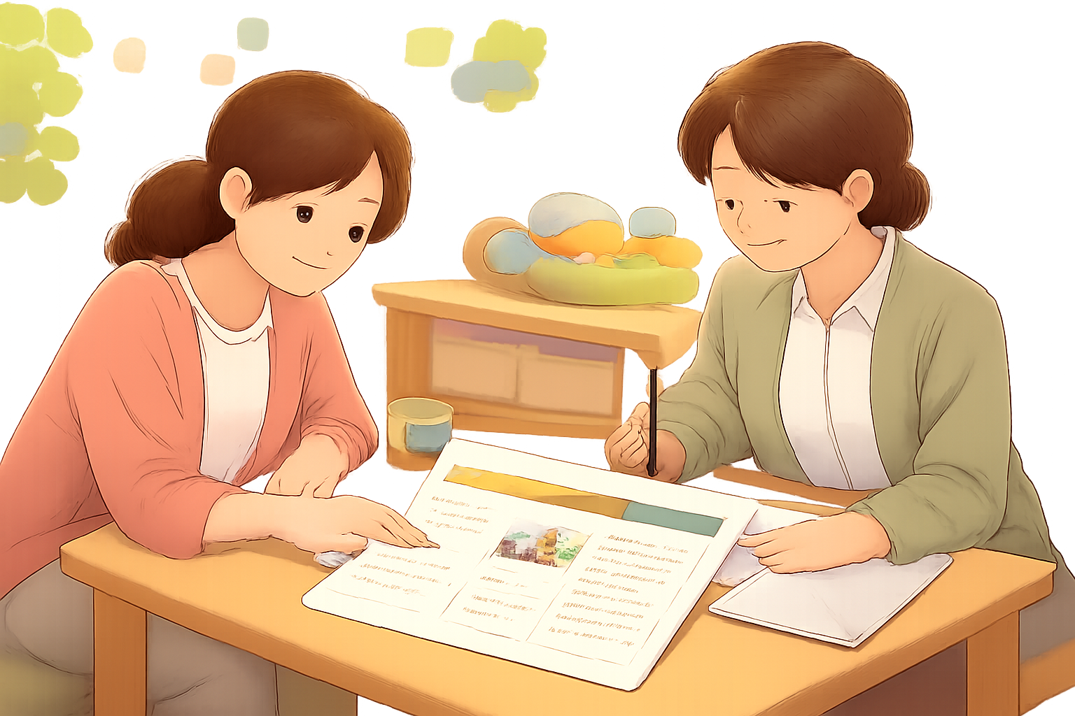 テーブルを挟んで資料を見ながら話す大人二人(保護者と教員の面談を想起させる場面)のイラスト