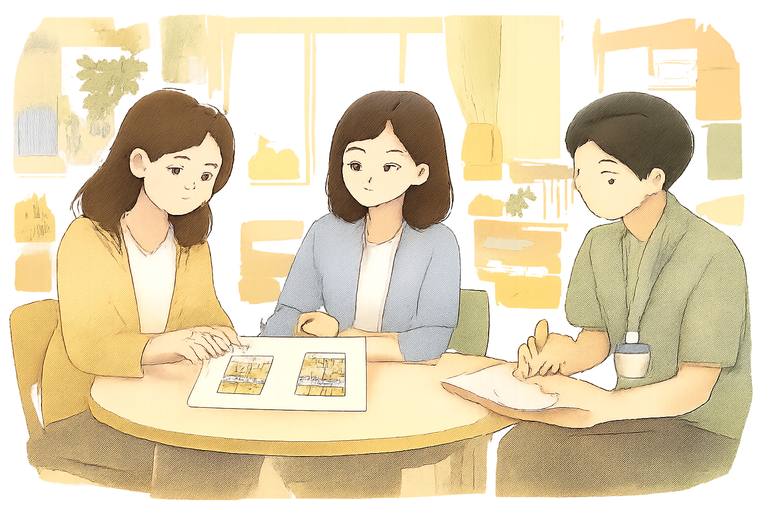 テーブルを囲んで書類を見ながら話し合う3人の大人のイラスト