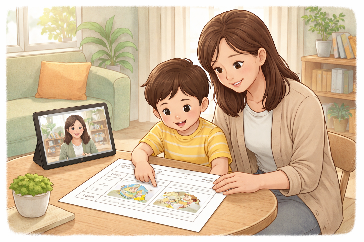 母親と子どもがテーブルでA4用紙を見ながら話し、横のタブレット越しに画面の人物とやり取りしているリビングの場面