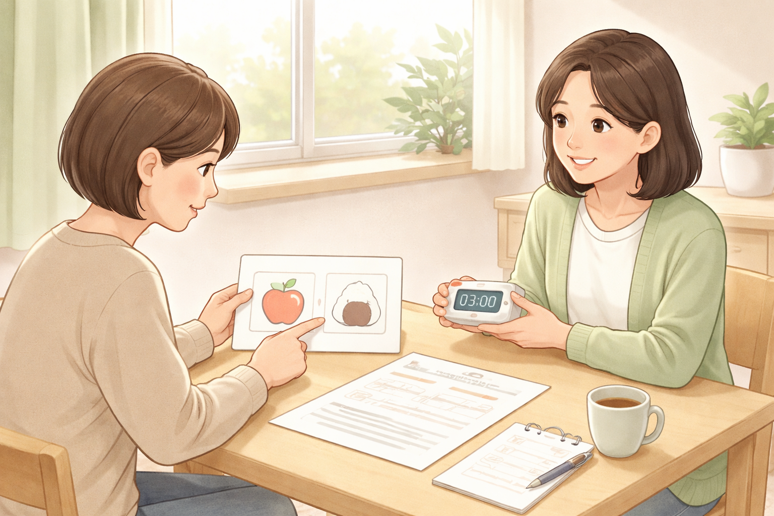 机に向かい合う二人の大人。片方がリンゴとおにぎりの絵カードを示し、もう片方が「03:00」と表示されたタイマーを持っている。テーブル上に書類、メモ帳、コーヒーカップがある。窓辺の室内。