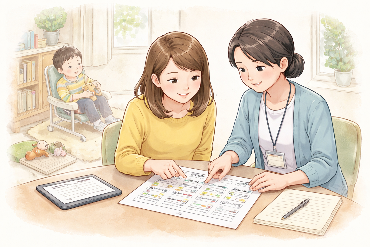 母親と支援者がテーブルで記録用紙を見ながら話す様子、背景に子どもが椅子に座って玩具を持っているイラスト